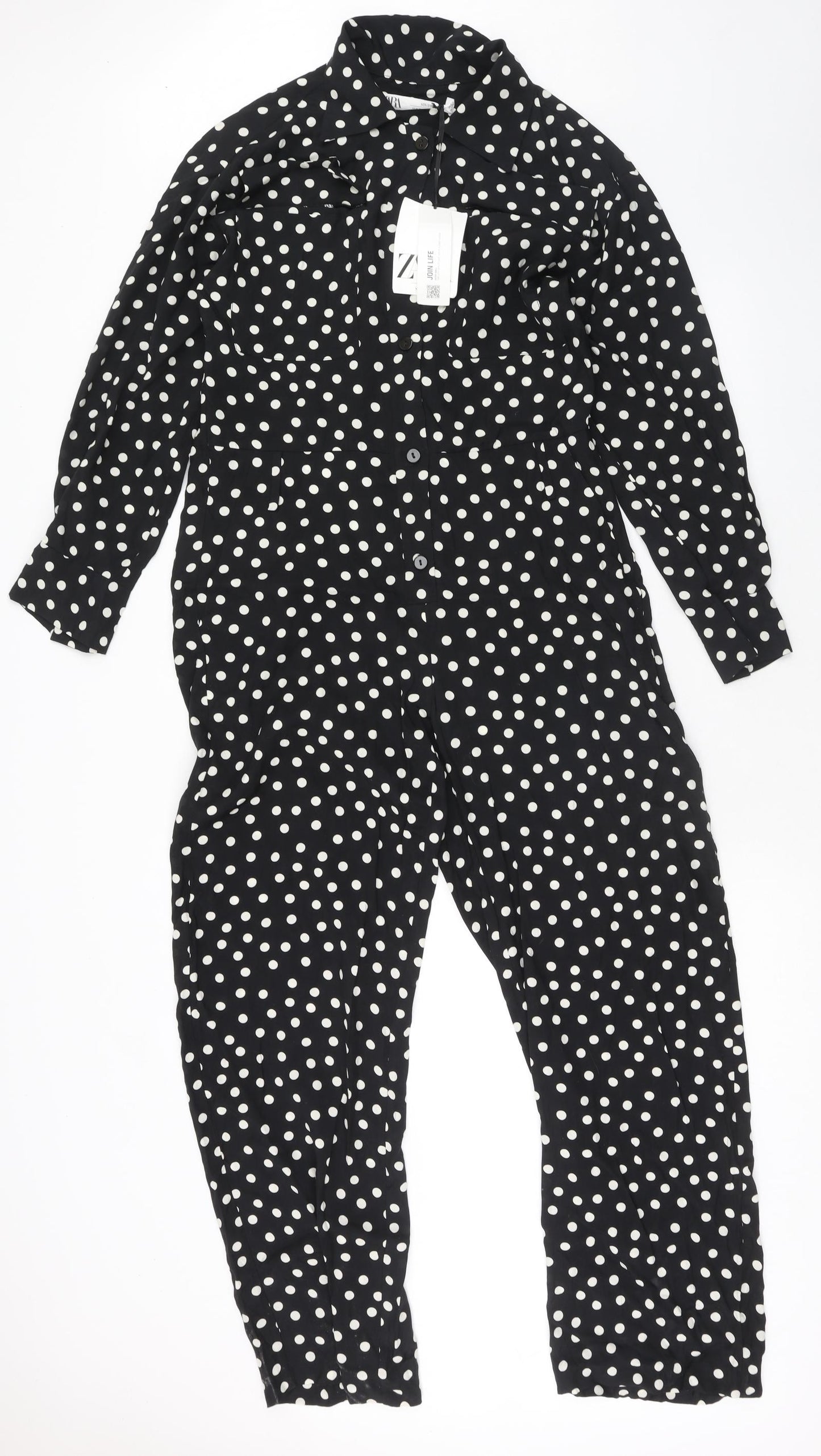 Zara Womens Blue Polka Dot Viscose Jumpsuit One-Piece Size L Button