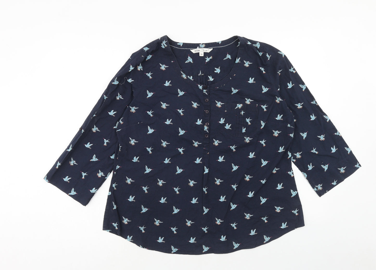 Fat Face Womens Blue Geometric Cotton Basic Blouse Size 16 Round Neck - Bird Pattern