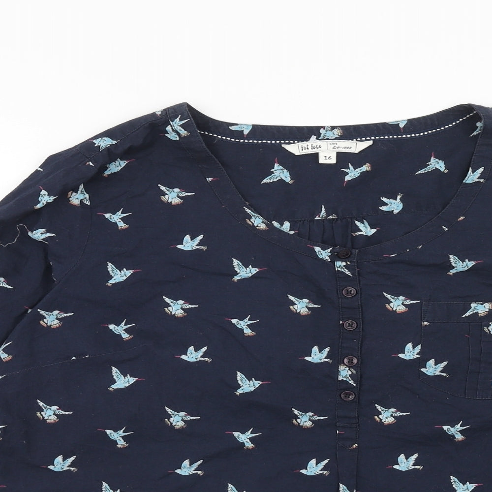 Fat Face Womens Blue Geometric Cotton Basic Blouse Size 16 Round Neck - Bird Pattern