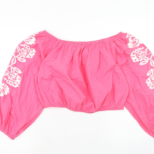 Marks and Spencer Womens Pink Cotton Cropped Blouse Size 18 Boat Neck - Flower Detail