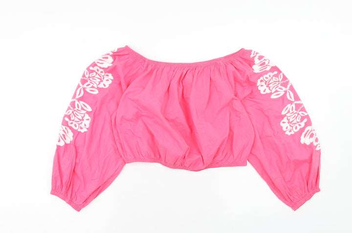 Marks and Spencer Womens Pink Cotton Cropped Blouse Size 18 Boat Neck - Flower Detail