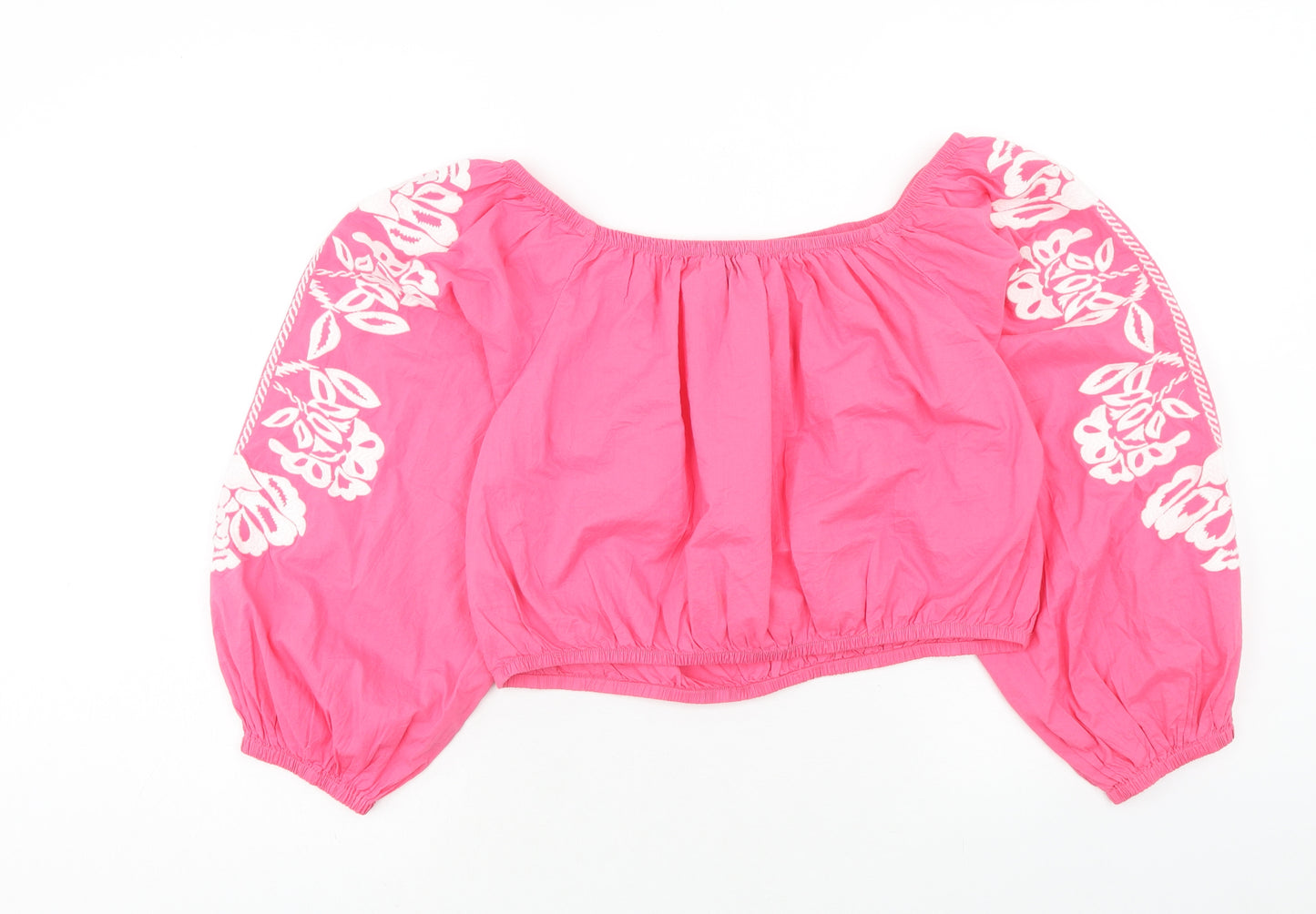 Marks and Spencer Womens Pink Cotton Cropped Blouse Size 18 Boat Neck - Flower Detail