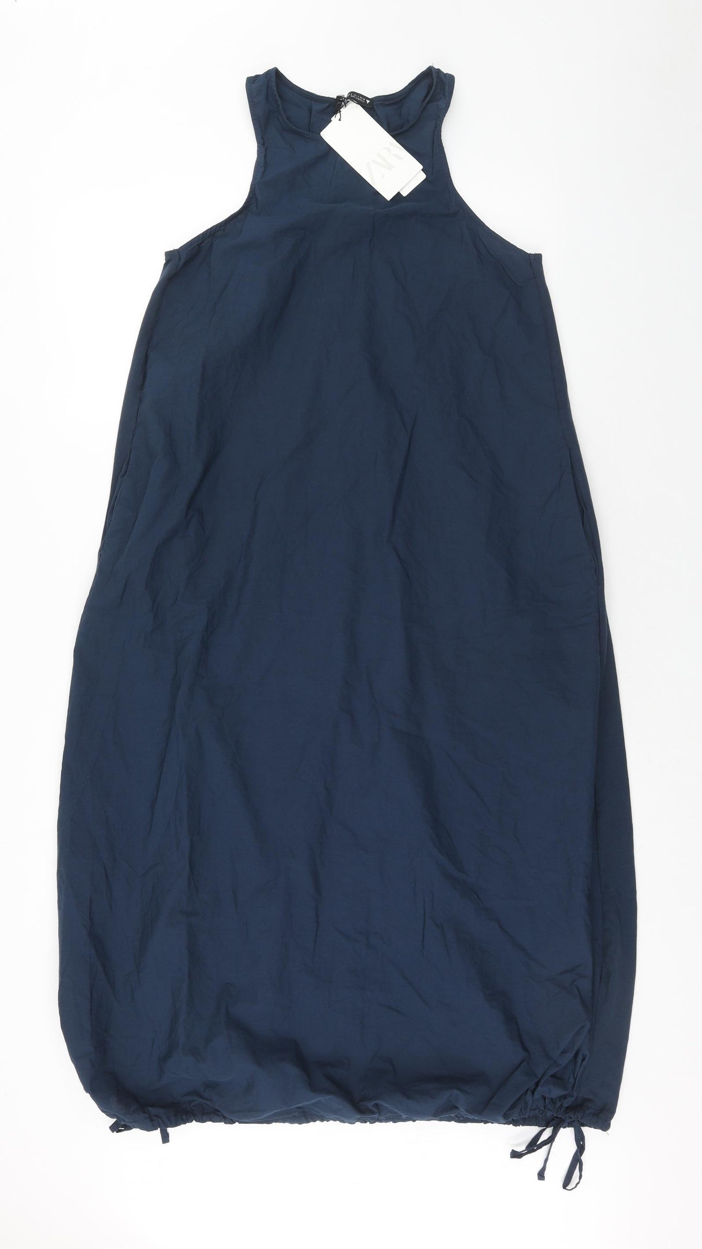 Zara Womens Blue Cotton Tank Dress Size S Scoop Neck Pullover - Drawstring Hem