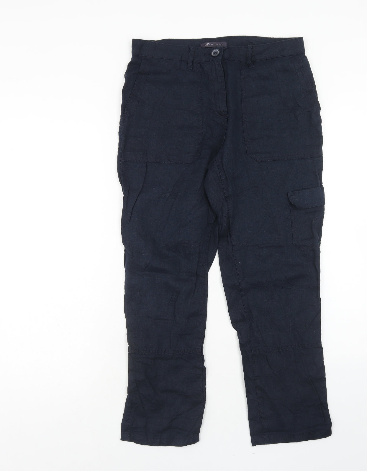 Marks and Spencer Womens Blue Linen Cargo Trousers Size 10 Regular Zip