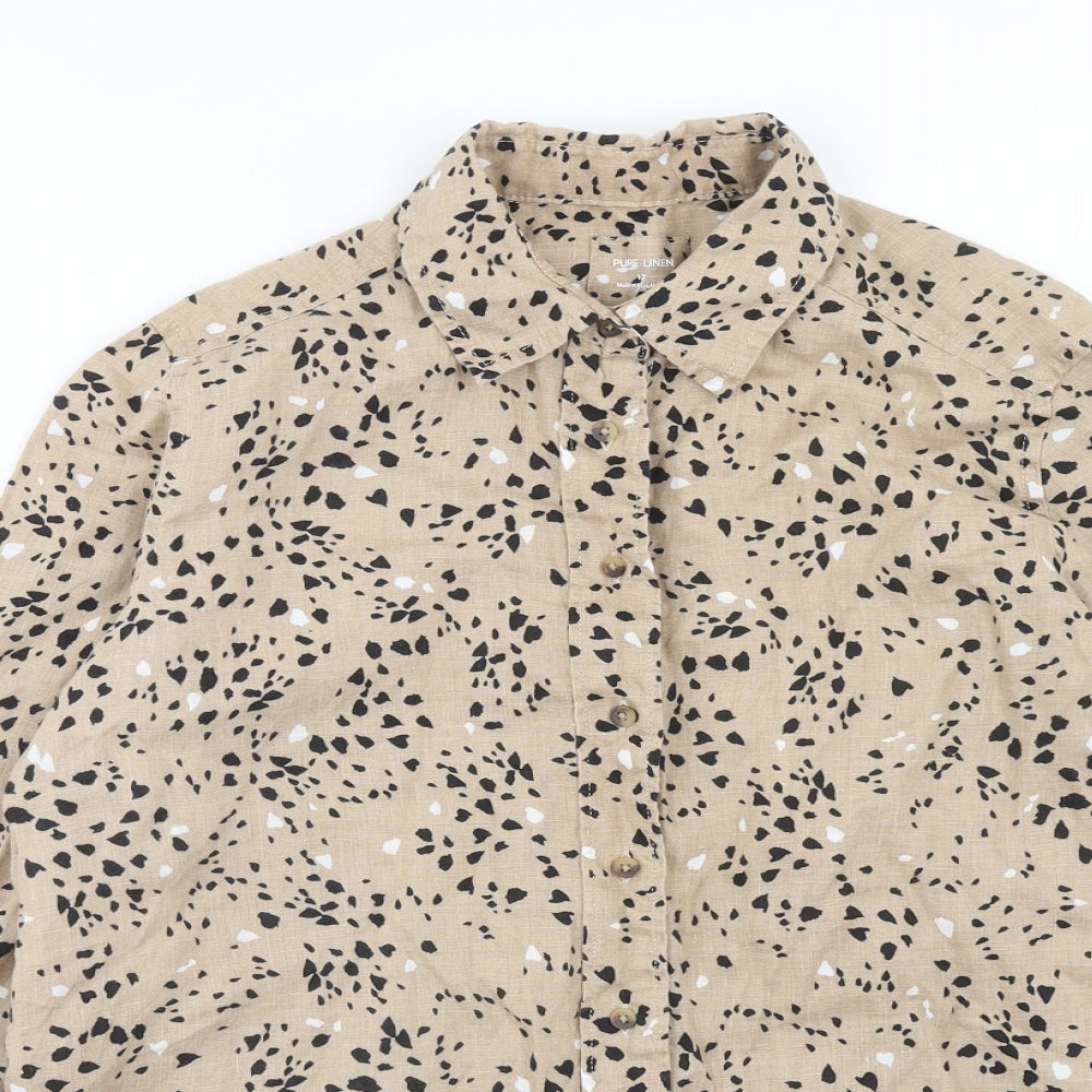 Marks and Spencer Womens Brown Geometric Linen Basic Button-Up Size 12 Collared