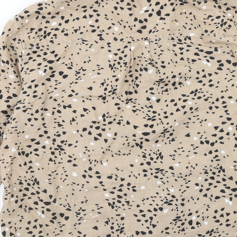 Marks and Spencer Womens Brown Geometric Linen Basic Button-Up Size 12 Collared