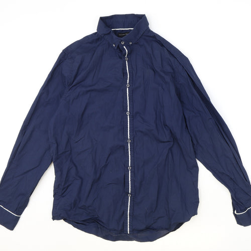 process Mens Blue Cotton Button-Up Size L Collared Button