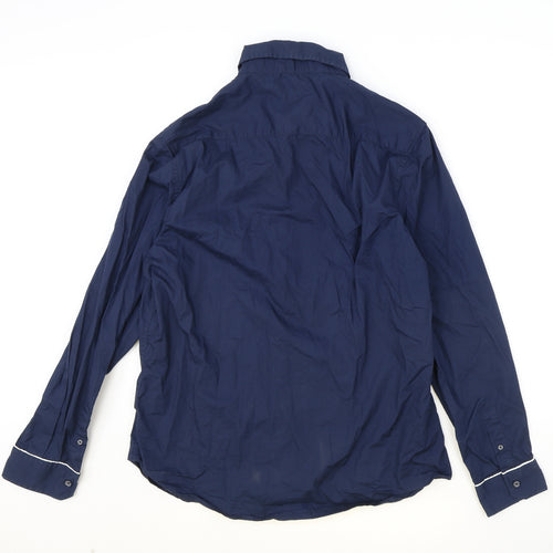 process Mens Blue Cotton Button-Up Size L Collared Button