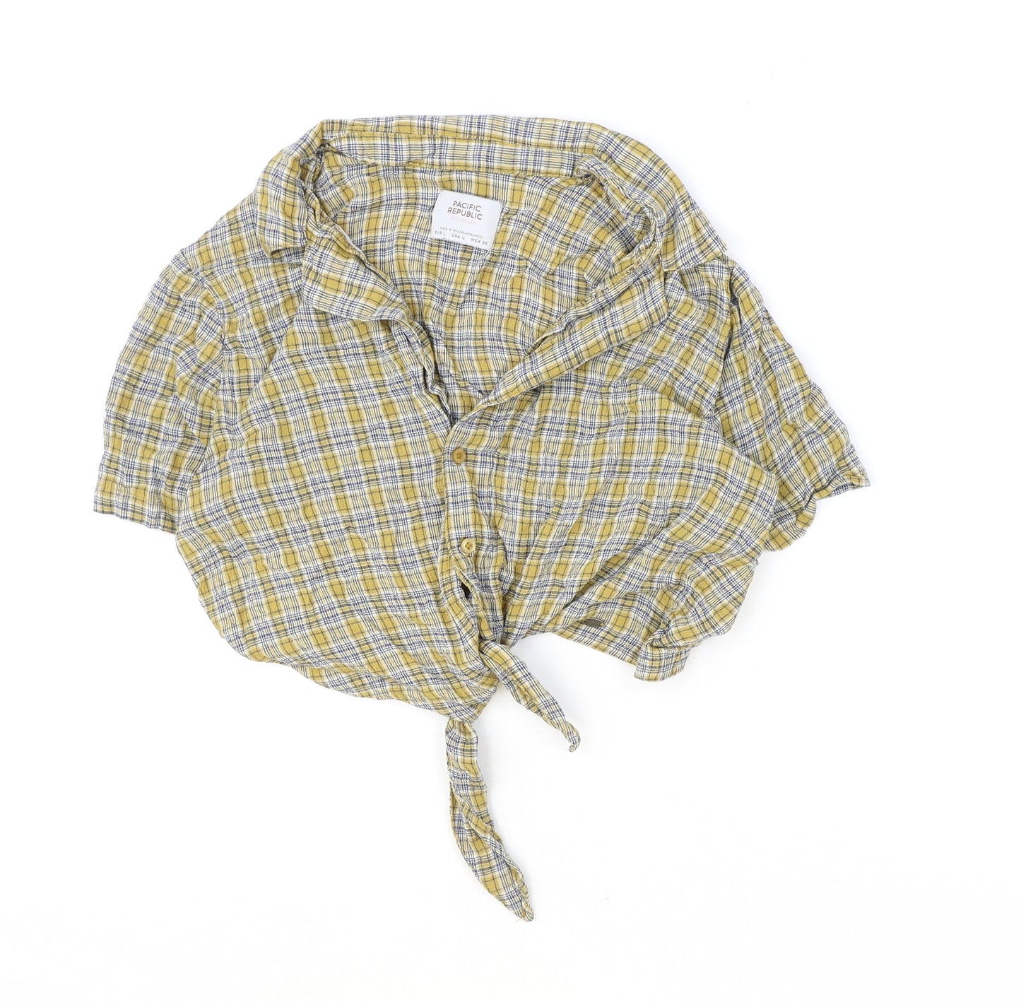 Pull&Bear Womens Multicoloured Plaid Viscose Cropped Button-Up Size L Collared - Knot Front
