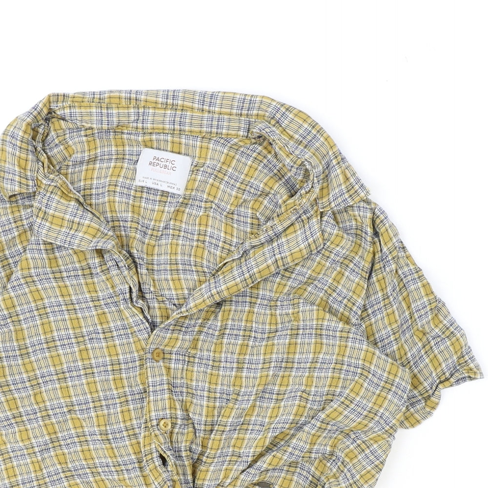 Pull&Bear Womens Multicoloured Plaid Viscose Cropped Button-Up Size L Collared - Knot Front