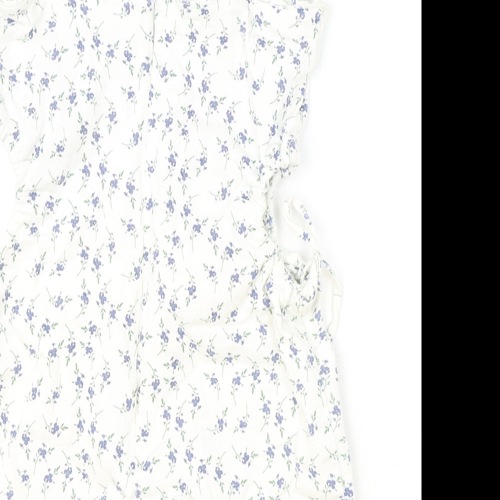 Denim & Co. Womens Ivory Floral Cotton Mini Size 8 Square Neck Zip