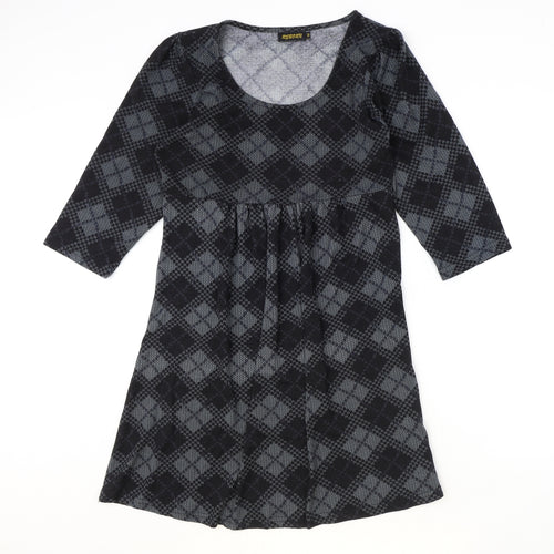 Reborn Womens Black Argyle/Diamond Polyester Fit & Flare Size M Round Neck Pullover