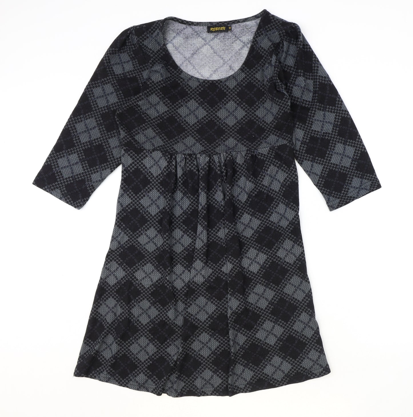 Reborn Womens Black Argyle/Diamond Polyester Fit & Flare Size M Round Neck Pullover