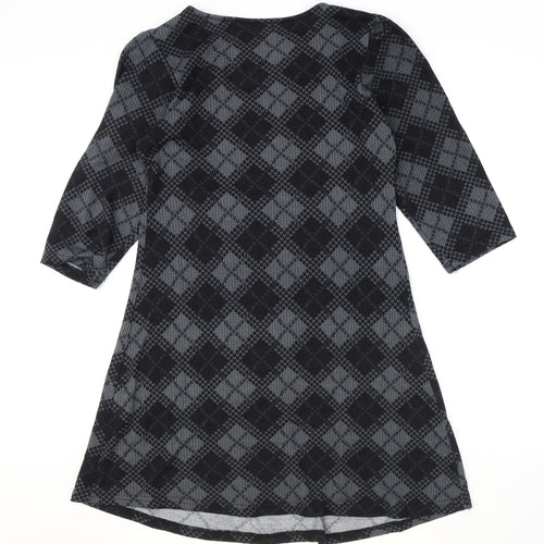 Reborn Womens Black Argyle/Diamond Polyester Fit & Flare Size M Round Neck Pullover
