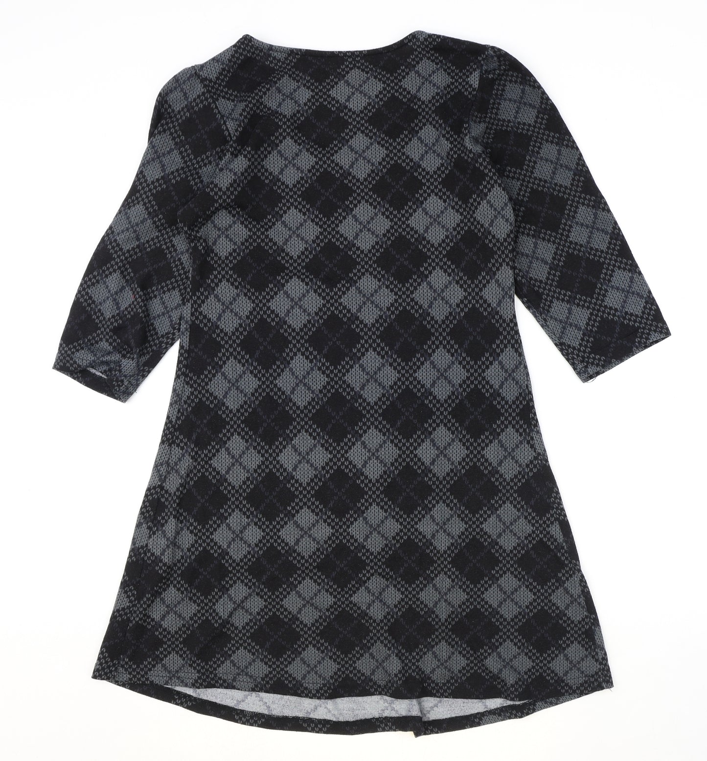 Reborn Womens Black Argyle/Diamond Polyester Fit & Flare Size M Round Neck Pullover