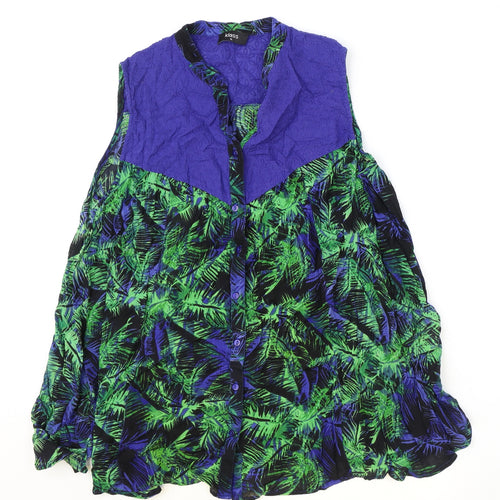 Klass Womens Blue Geometric Viscose Basic Blouse Size XS V-Neck - Palm Tree Print, Broderie Anglaise