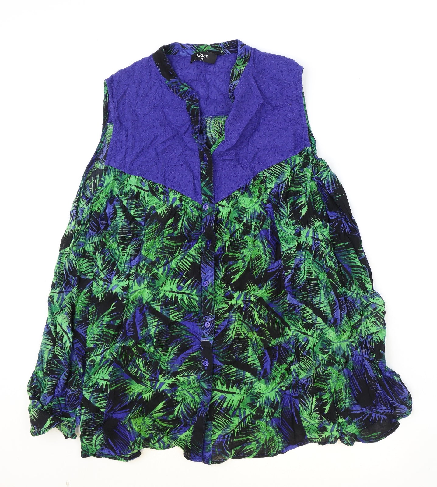 Klass Womens Blue Geometric Viscose Basic Blouse Size XS V-Neck - Palm Tree Print, Broderie Anglaise