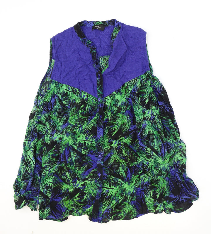 Klass Womens Blue Geometric Viscose Basic Blouse Size XS V-Neck - Palm Tree Print, Broderie Anglaise