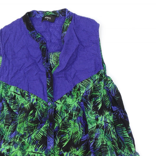 Klass Womens Blue Geometric Viscose Basic Blouse Size XS V-Neck - Palm Tree Print, Broderie Anglaise