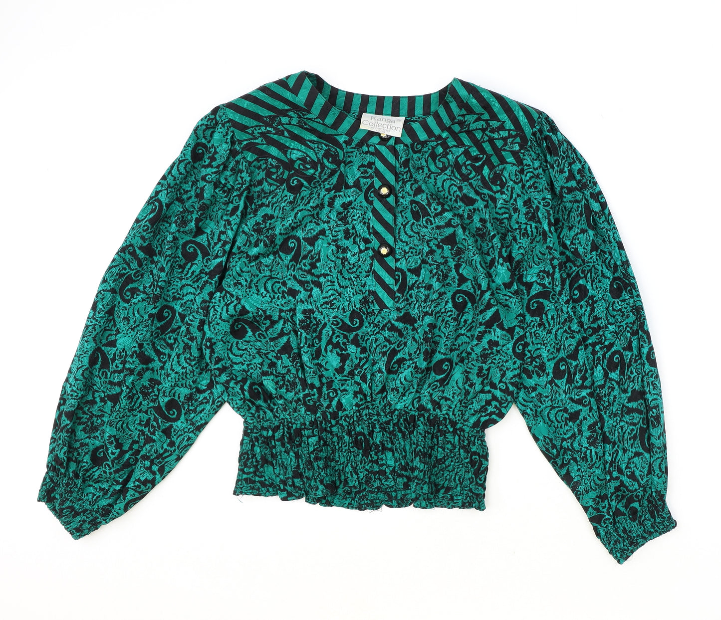 Kanga Collection Womens Green Geometric Silk Basic Blouse Size M Round Neck