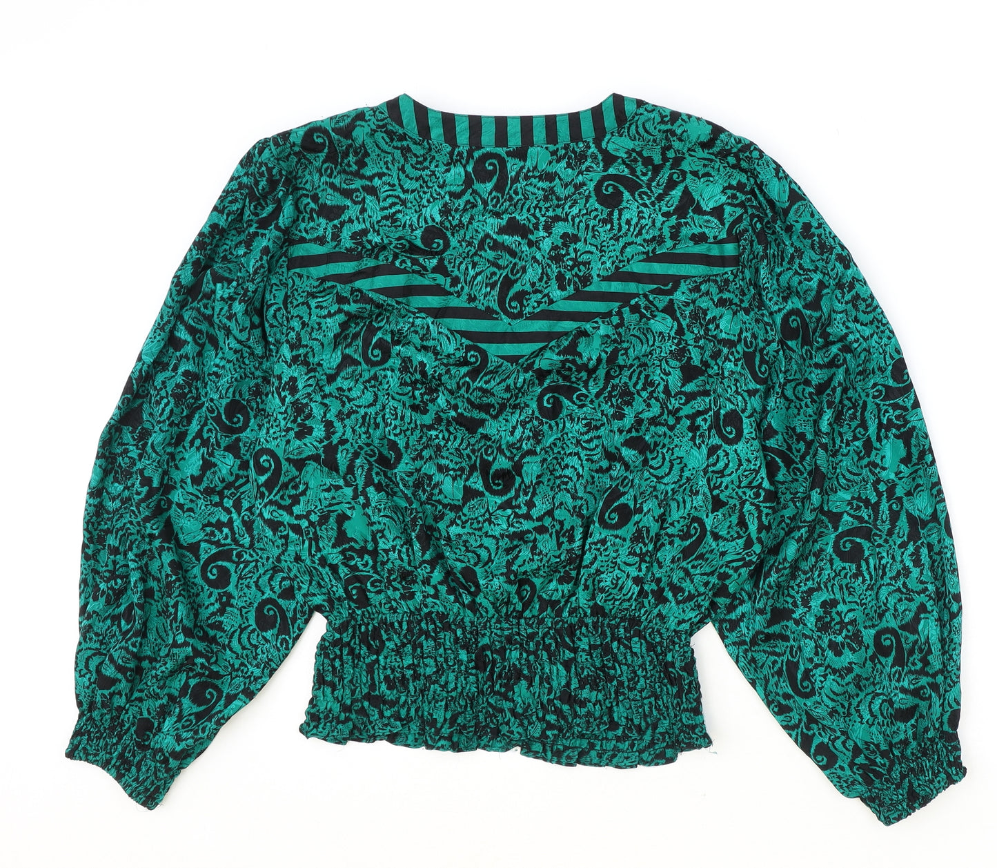 Kanga Collection Womens Green Geometric Silk Basic Blouse Size M Round Neck