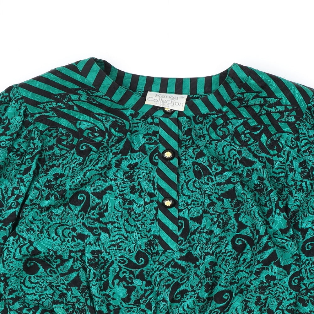 Kanga Collection Womens Green Geometric Silk Basic Blouse Size M Round Neck