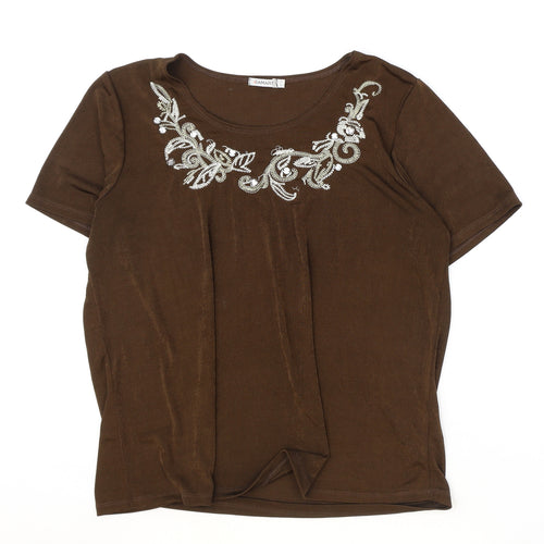 Damart Womens Brown Polyester Basic T-Shirt Size L Round Neck