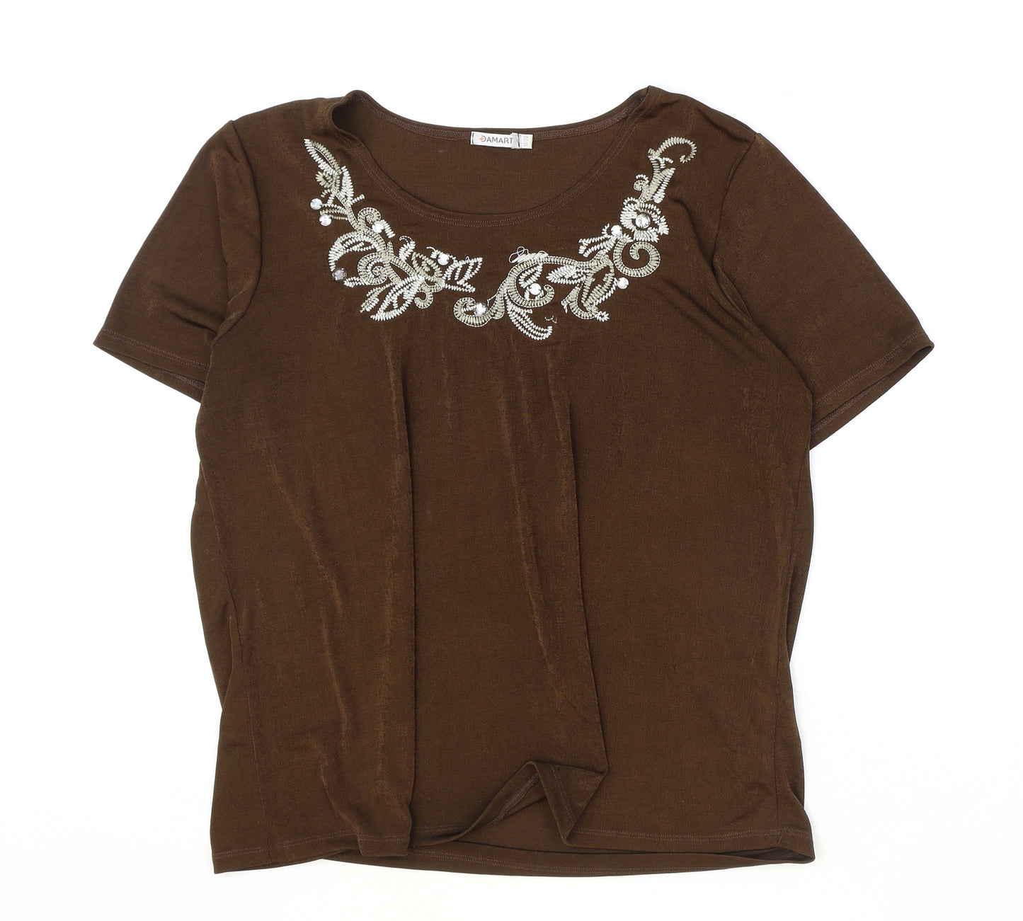 Damart Womens Brown Polyester Basic T-Shirt Size L Round Neck