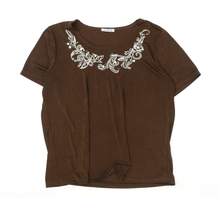 Damart Womens Brown Polyester Basic T-Shirt Size L Round Neck
