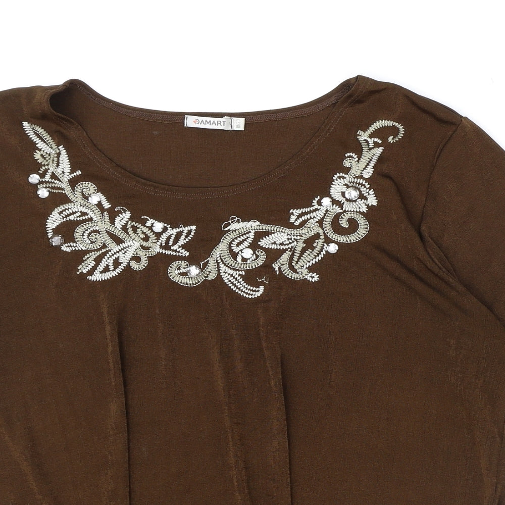 Damart Womens Brown Polyester Basic T-Shirt Size L Round Neck