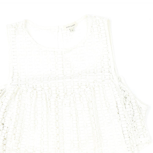 River Island Womens Ivory Geometric Polyester Basic Blouse Size 12 Scoop Neck - Cold Shoulder