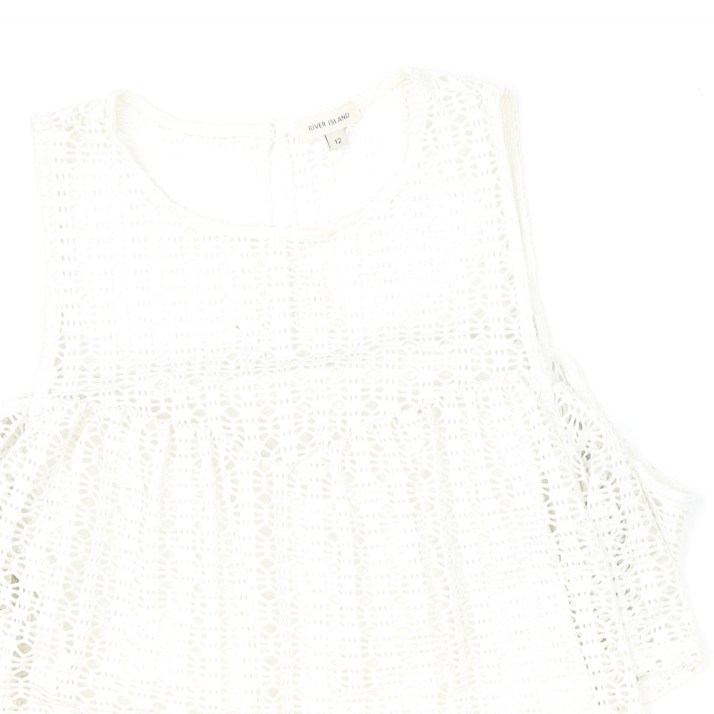 River Island Womens Ivory Geometric Polyester Basic Blouse Size 12 Scoop Neck - Cold Shoulder