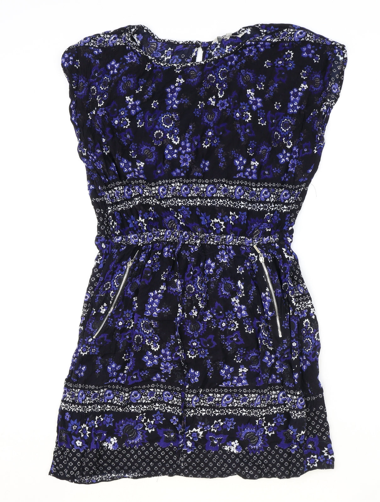 Peacocks Womens Blue Geometric Viscose A-Line Size 14 Round Neck Button