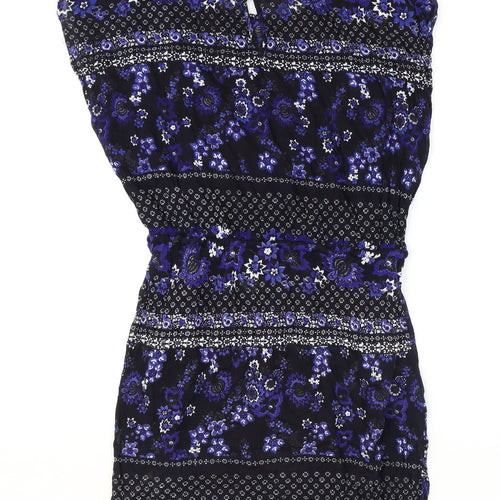 Peacocks Womens Blue Geometric Viscose A-Line Size 14 Round Neck Button