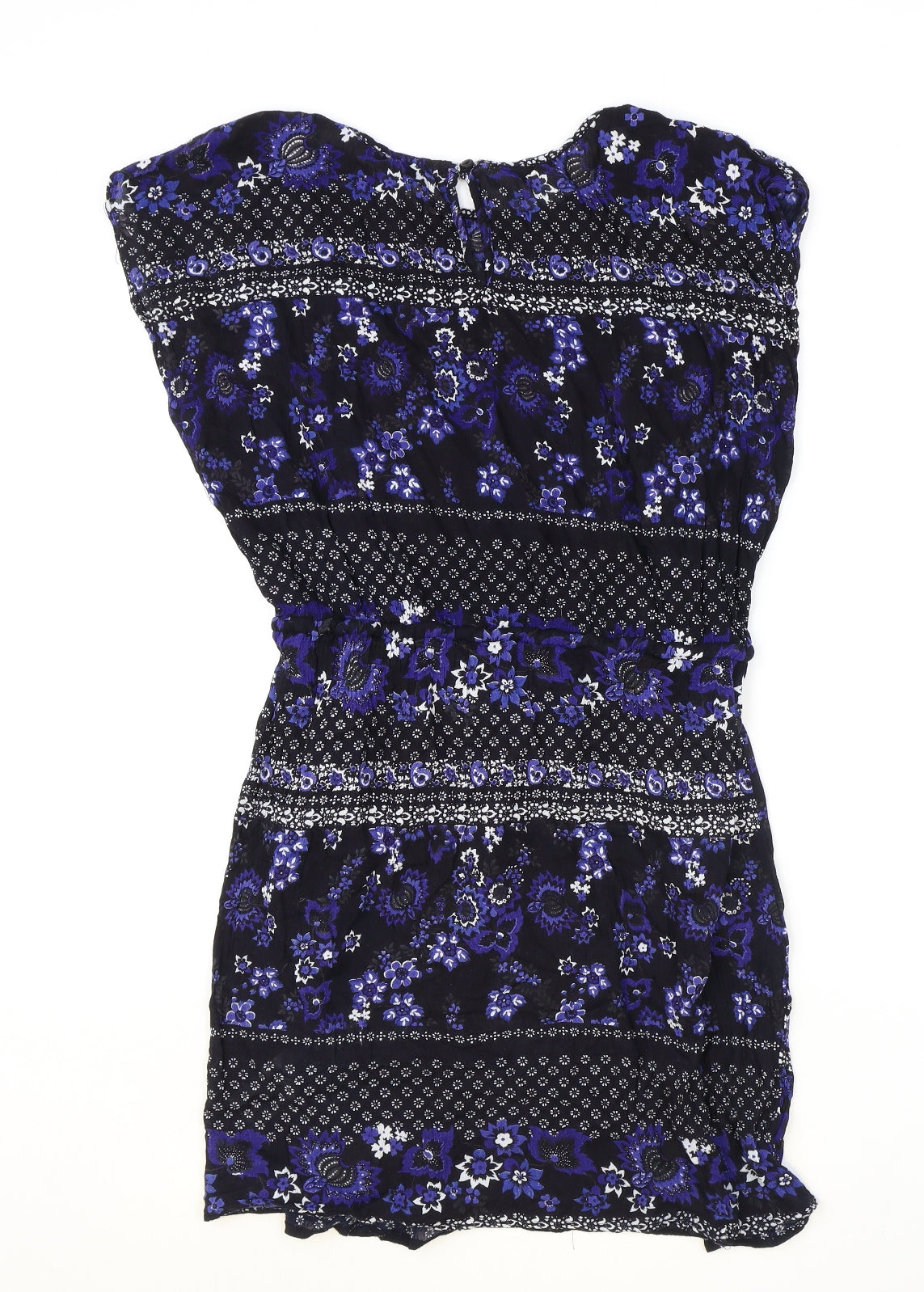 Peacocks Womens Blue Geometric Viscose A-Line Size 14 Round Neck Button