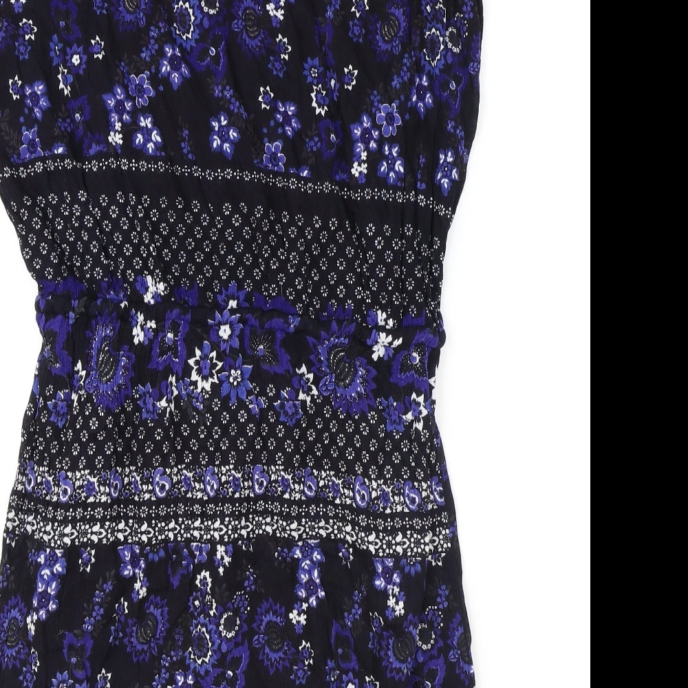Peacocks Womens Blue Geometric Viscose A-Line Size 14 Round Neck Button