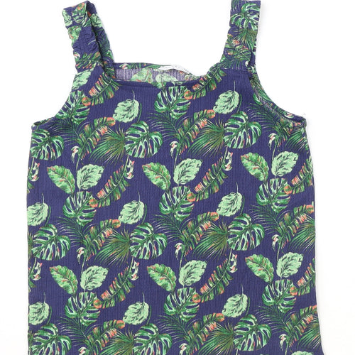 Papaya Womens Blue Geometric Polyester Basic Tank Size 8 Square Neck - Leaf Print