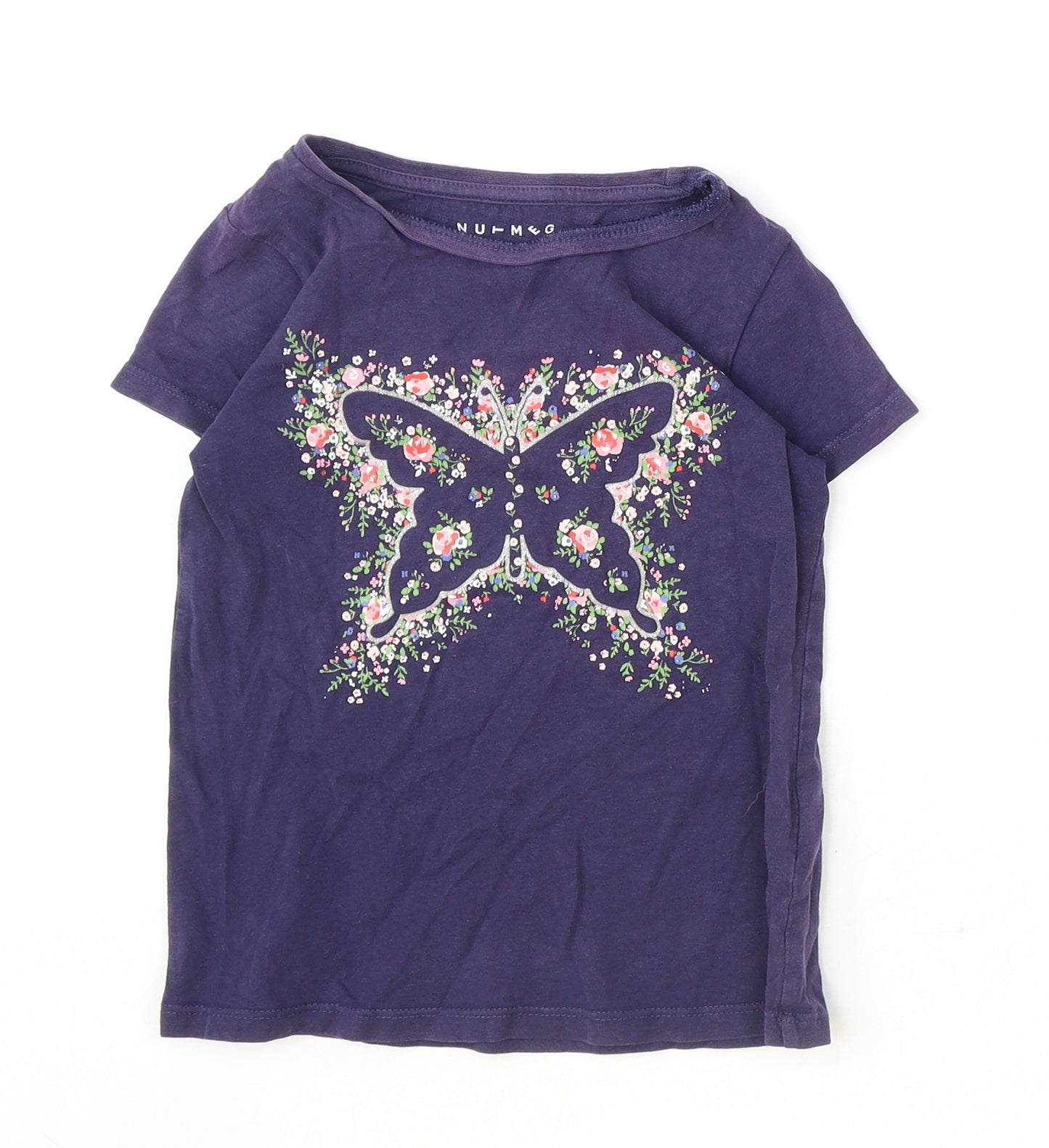 Nutmeg Girls Blue Cotton Basic T-Shirt Size 6-7 Years Boat Neck Pullover - Butterfly