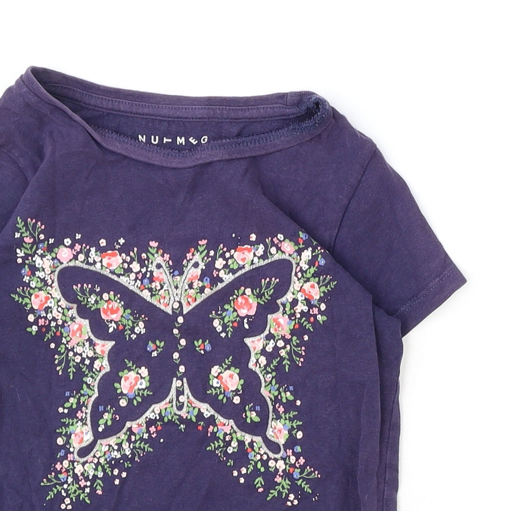 Nutmeg Girls Blue Cotton Basic T-Shirt Size 6-7 Years Boat Neck Pullover - Butterfly