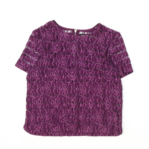 Dorothy Perkins Womens Purple Floral Polyamide Basic T-Shirt Size 8 Boat Neck