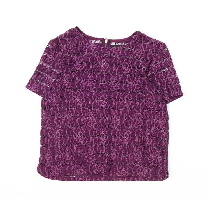 Dorothy Perkins Womens Purple Floral Polyamide Basic T-Shirt Size 8 Boat Neck
