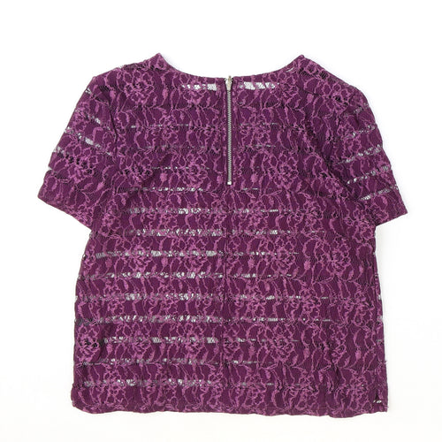 Dorothy Perkins Womens Purple Floral Polyamide Basic T-Shirt Size 8 Boat Neck
