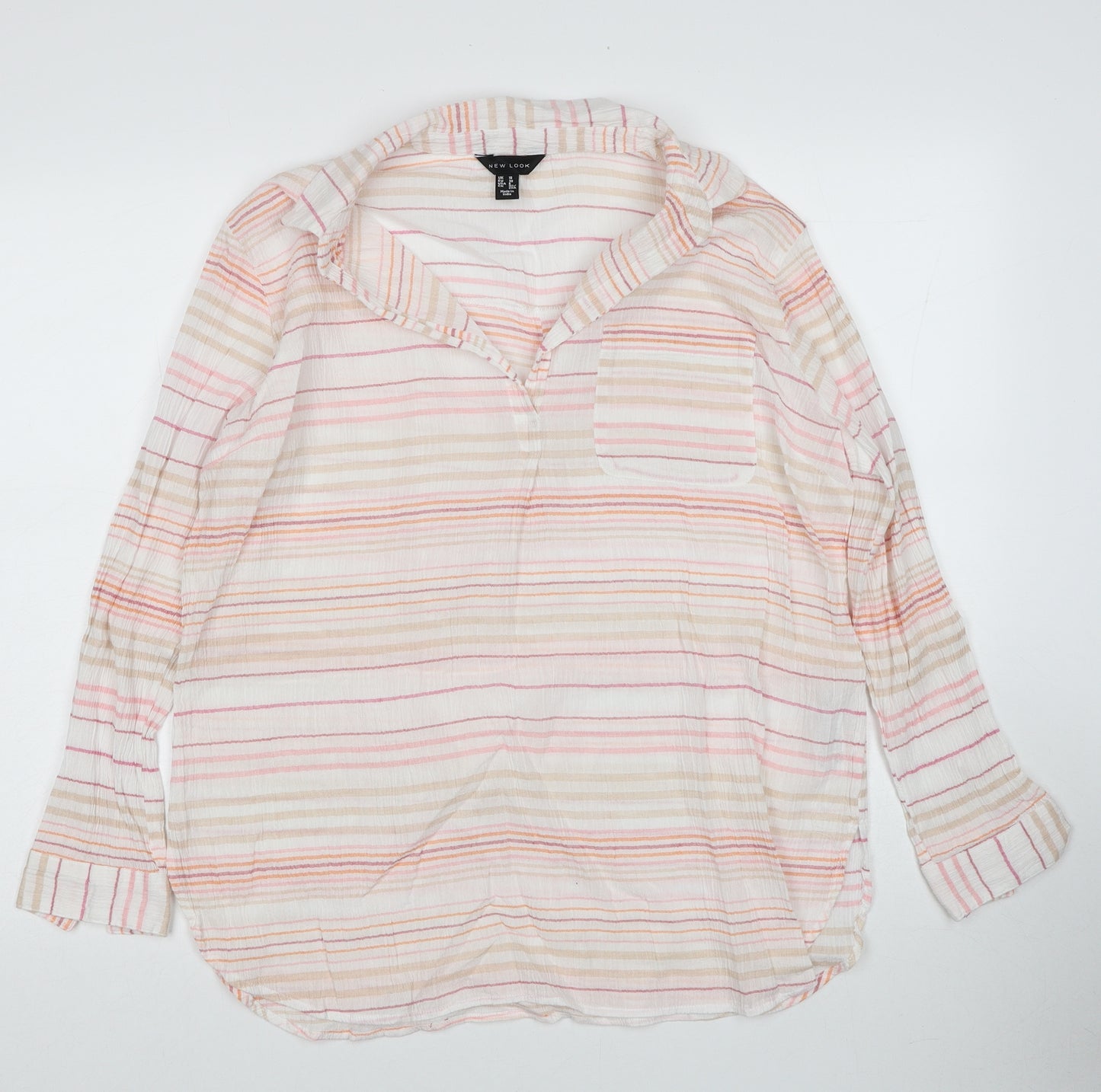 New Look Womens Multicoloured Striped Cotton Basic Blouse Size 10 Collared