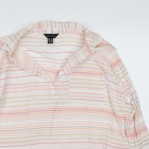 New Look Womens Multicoloured Striped Cotton Basic Blouse Size 10 Collared