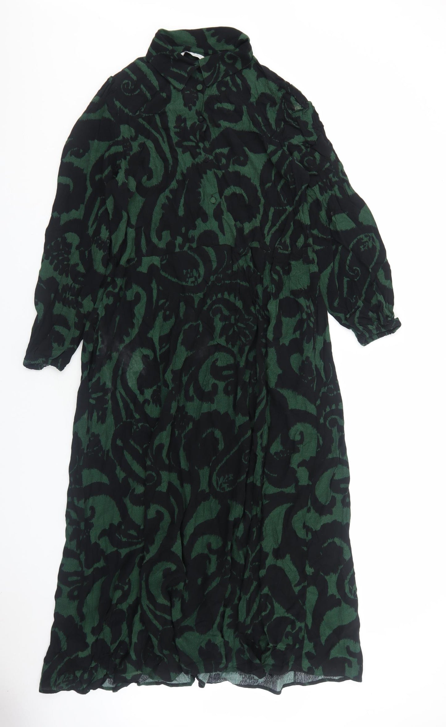 Zara Womens Green Geometric Polyester A-Line Size L Collared Button