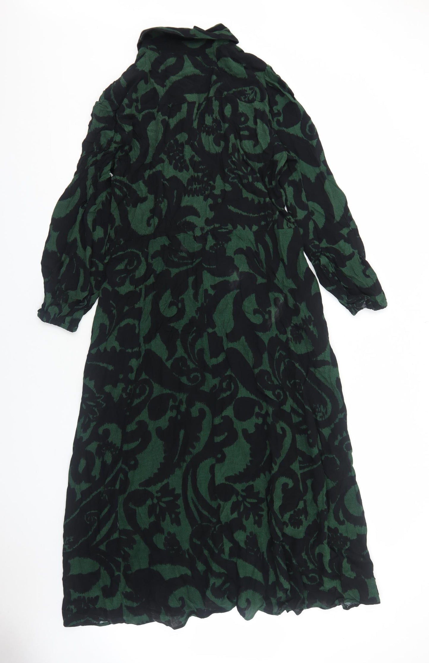 Zara Womens Green Geometric Polyester A-Line Size L Collared Button