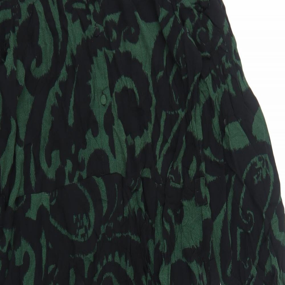 Zara Womens Green Geometric Polyester A-Line Size L Collared Button