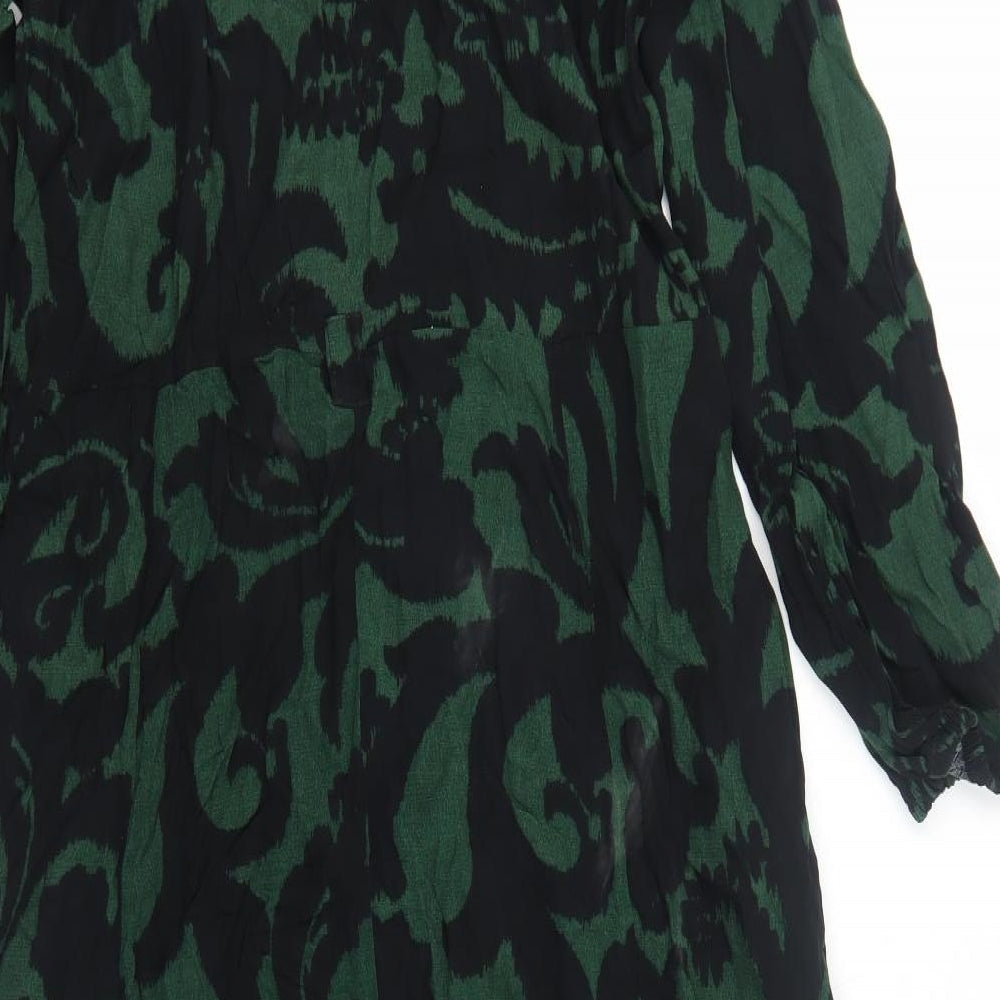 Zara Womens Green Geometric Polyester A-Line Size L Collared Button