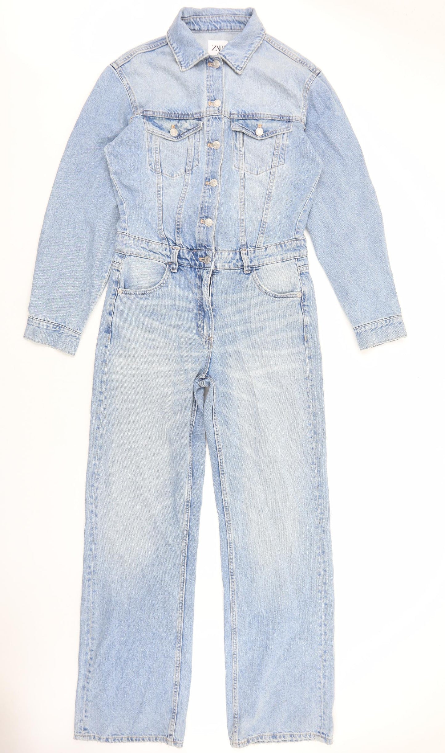 Zara Womens Blue Cotton Jumpsuit One-Piece Size S Button