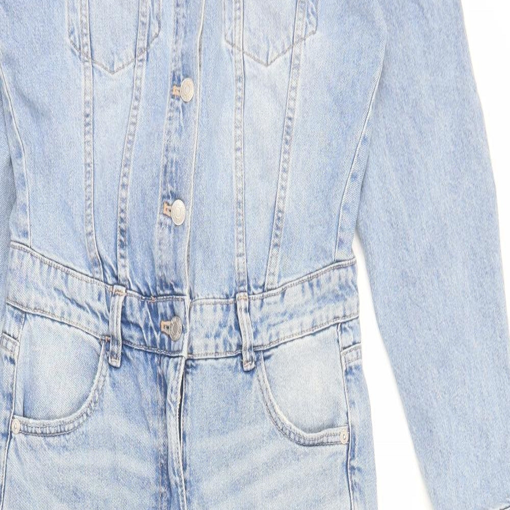 Zara Womens Blue Cotton Jumpsuit One-Piece Size S Button